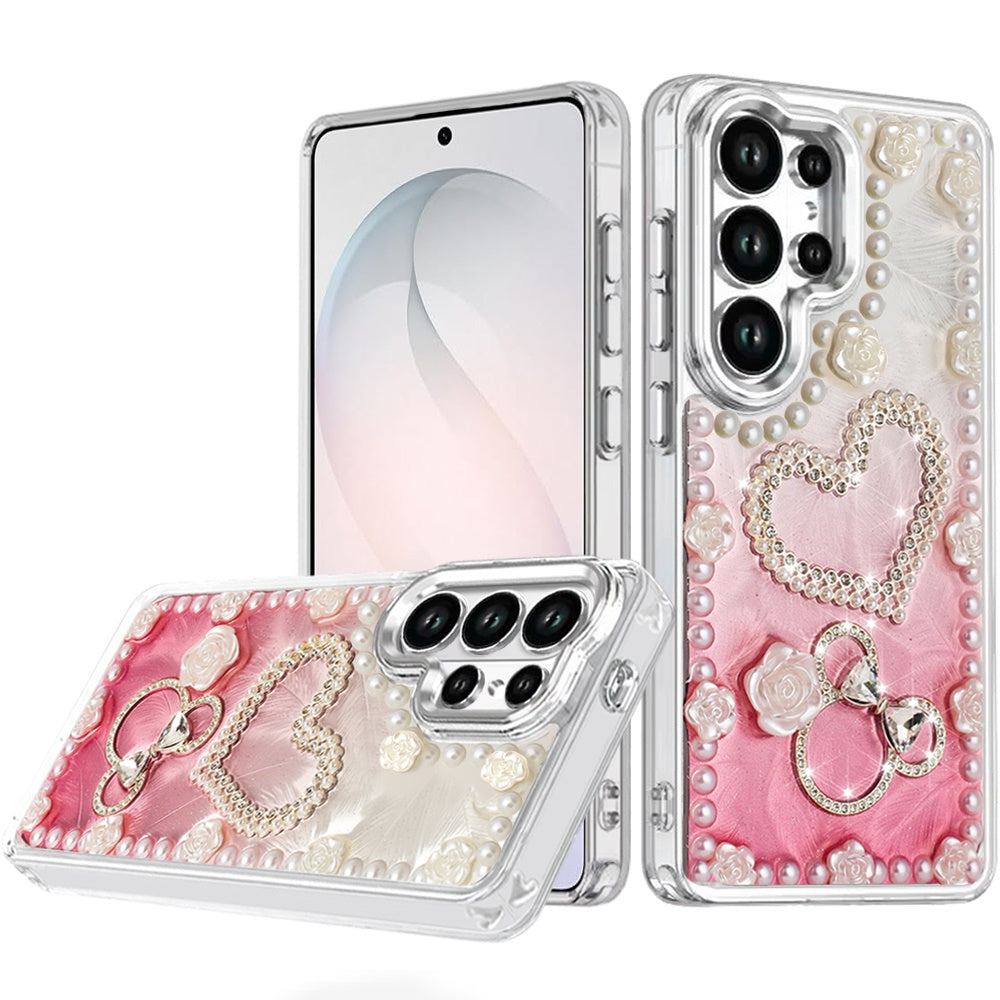 For Samsung Galaxy S26 Ultra Bling Fashion Design with 3D Pearls Epoxy Glitter Ornaments Chrome Edge Hard Slim PC Case Cover