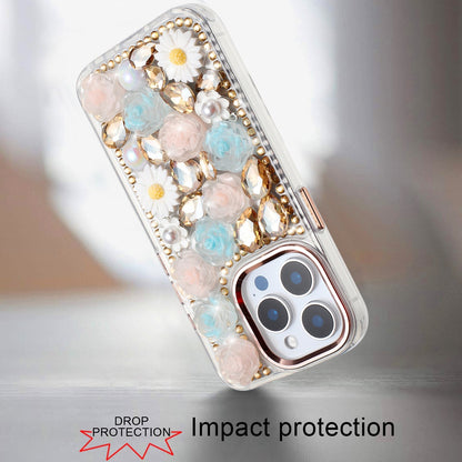 For Apple iPhone 15 Pro Max Fashion Daisy Floral Series, Full 3D Bling Crystal Diamonds Sparkling Rhinestone Glitter Hybrid Design Case Cover Gold