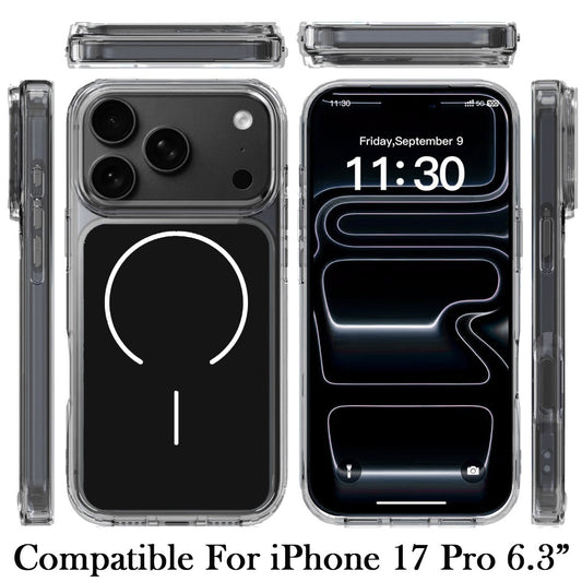 For Apple iPhone 17 Pro (6.3") Metallic Transparent Magnetic Hybrid MagSafe Compatible Shockproof Protection Anti Scratch Secure Grip Clear Back Design Case Cover