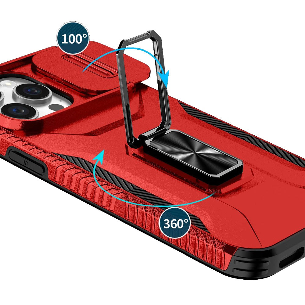 For Apple iPhone 13 Pro Max Case, Camera Cover with Magnetic Rotation Ring Stand, Military Grade Hybrid Hard TPU Shockproof Case Cover Red
