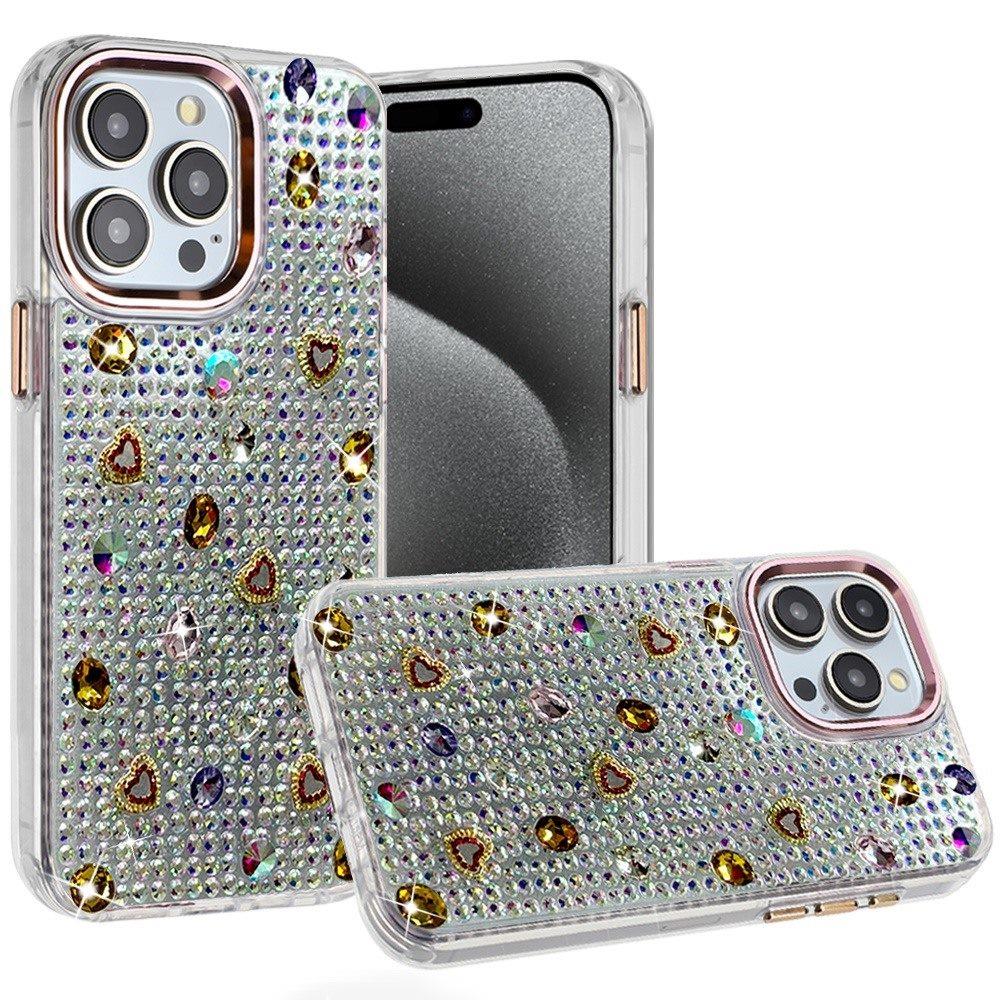 Phone Case for iPhone 15 Pro Chrome Fashion Hybrid Bling Diamond Heart Rhinestone Decorative Stones Sparkling Embellished Design Cover Gold