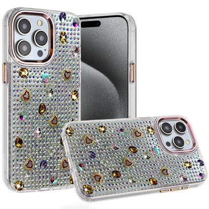 Phone Case for iPhone 15 Pro Chrome Fashion Hybrid Bling Diamond Heart Rhinestone Decorative Stones Sparkling Embellished Design Cover Gold