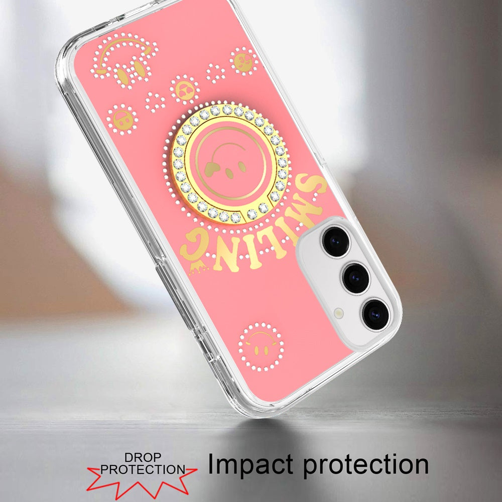 For Samsung Galaxy S25 /S24 Smiling Glitter Ornament Bling Sparkle with Ring Stand Hybrid Slim TPU + Hard Back Shell Case Cover