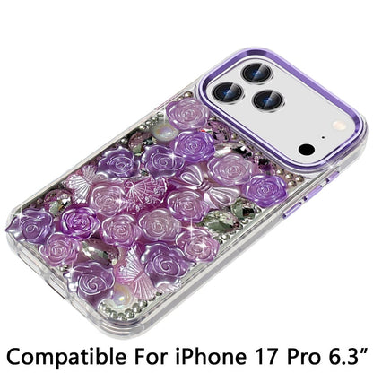 For Apple iPhone 17 Pro (6.3") Muti-Color Floral Fashion Bling Crystal 3D Full Diamonds Stones Sparkle Rhinestone Glitter Hybrid Case Cover