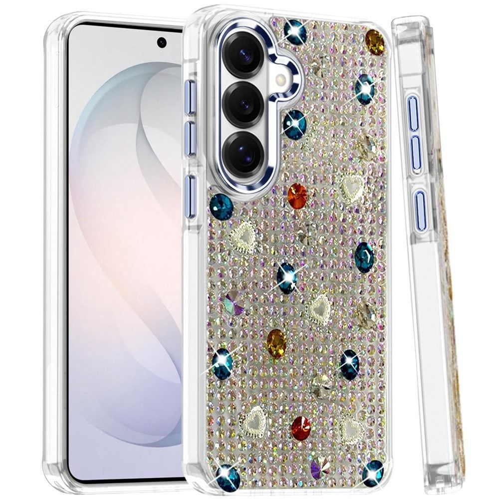 Phone Case for Samsung Galaxy S26 Chrome Fashion Hybrid Bling Diamond Heart Rhinestone Decorative Stones Sparkling Embellished Design Cover