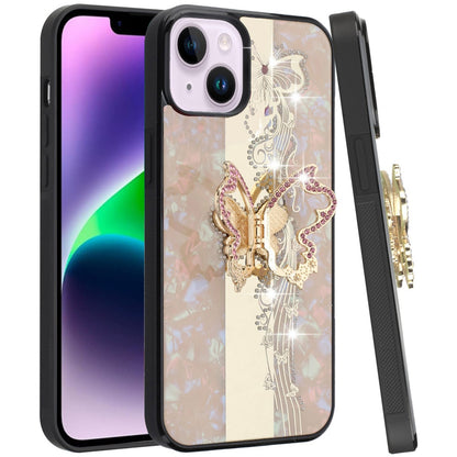 Phone Case for Apple iPhone 14/ iPhone 13 Diamond Glitter Butterfly Engraved Ring Stand Luxury Bling Hybrid Shockproof Chrome Edge Protective Durable Grip Cover Gold