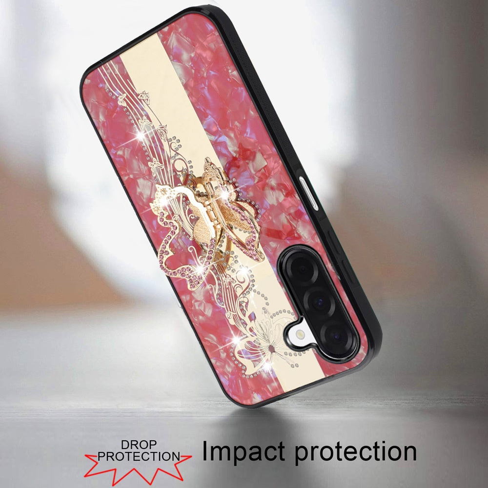 Phone Case for Galaxy A17 5G Diamond Glitter Butterfly Engraved Ring Stand Luxury Bling Hybrid Shockproof Chrome Edge Protective Durable Grip Cover Red