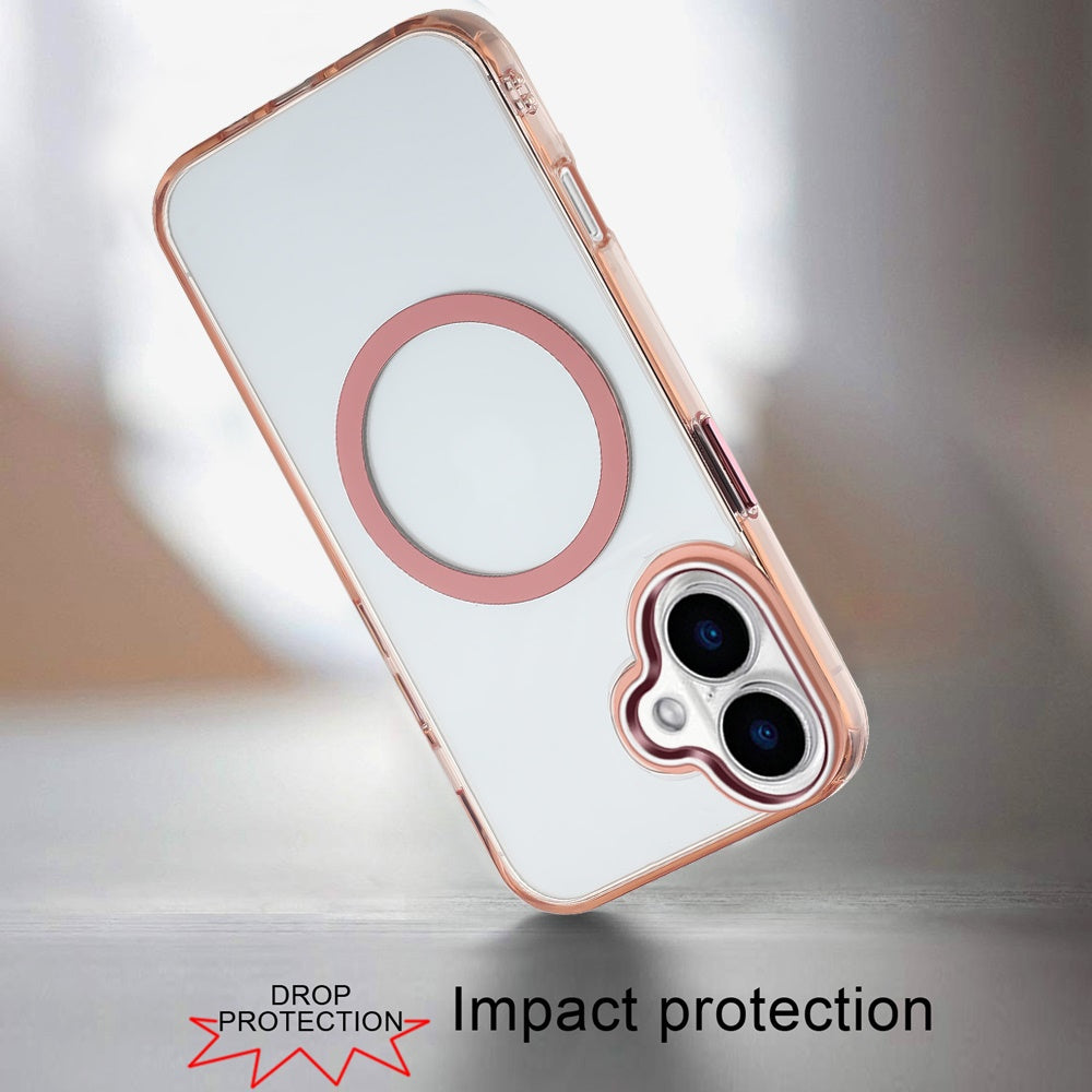 For Apple iPhone 17 (6.3") Transparent Back Hybrid Case - Magnetic Circle, Color Frame, Metal Buttons, MagSafe Compatible Case Cover