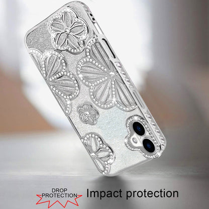 For Apple iPhone 17 (6.3") Luxury Flower Design Sparkle Glitter Diamond Rhinestone Shimmer Bling Plating Thick TPU Hard PC Case Cover