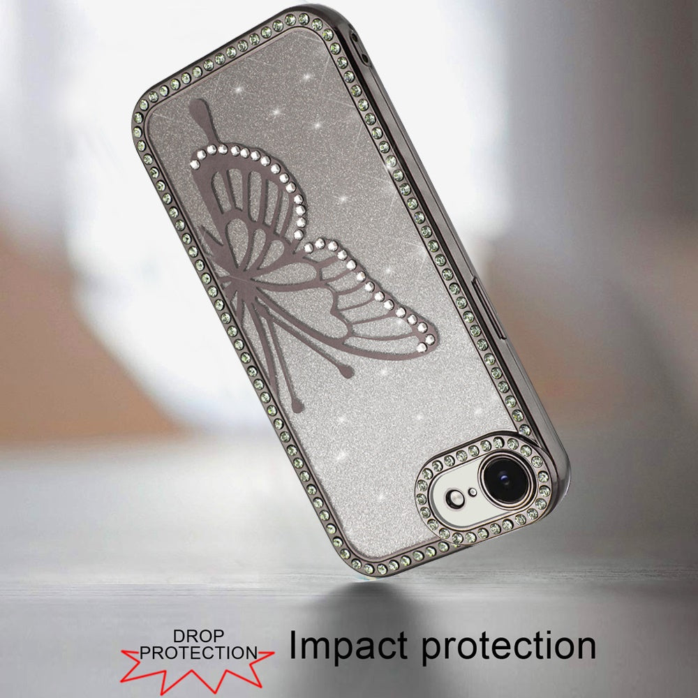 For Apple iPhone 17E /16E Butterfly Glitter Diamond Shimmer Hybrid Slim & Stylish Electroplated Sparkly Bling Shockproof TPU Protective Case Cover Black