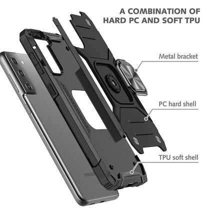 For Samsung Galaxy S21 FE /Fan Edition Armor Hybrid Magnetic Stand with Ring Holder Kickstand Shockproof Heavy-Duty Durable Rugged TPU Dual Layer Case Cover Black