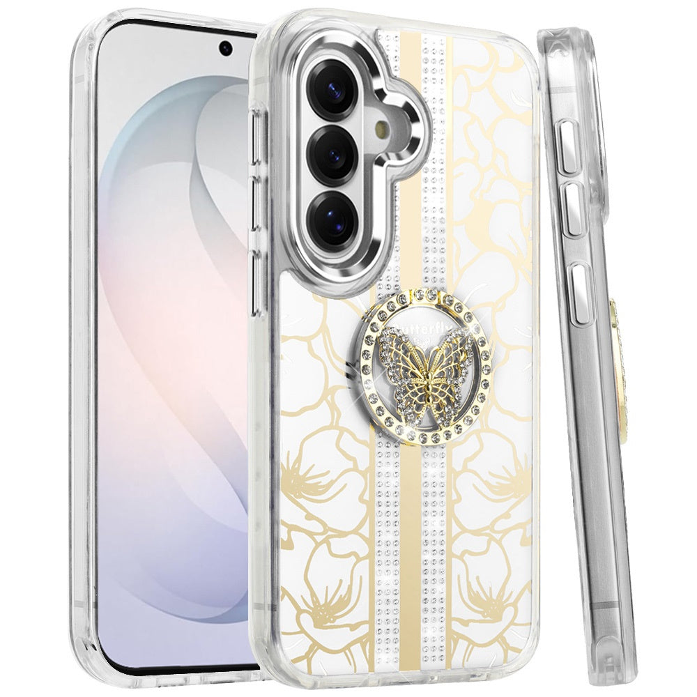 Phone Case for Samsung Galaxy S26 FE /S26 Fan Edition Floral Butterfly Ring Stand Glitter Bling Shockproof Hybrid Luxury Fashion Protective Anti Slip Durable Grip Cover