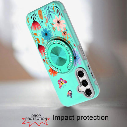 Phone Case for Galaxy A17 5G Magnetic Ring Stand Matte Metal Hybrid Car Mount Friendly Shockproof Rotational Grip Diamond Design Pattern Cover