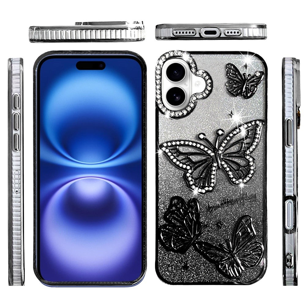 For Apple iPhone 17 (6.3") Luxury Butterfly Sparkle Glitter Diamond Crystal Rhinestone Shimmer Bling Plating Thick TPU Hard PC Case Cover