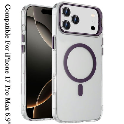 For Apple iPhone 17 Pro Max (6.9") Magnetic Back MagSafe Compatible Transparent Hybrid Drop Protection with Metallic Camera Stand Case Cover Dark Purple