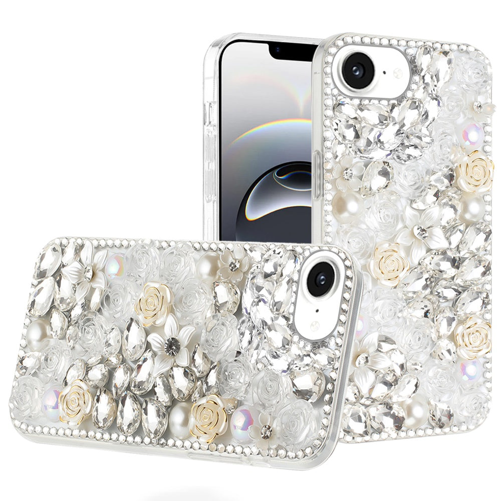 For Apple iPhone 17E /16E Fashion Rose Flower Floral Bling Crystal 3D Full Diamonds Pearl Sparkle Rhinestone Glitter Hybrid Case Cover