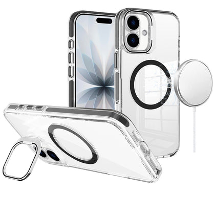 For Apple iPhone 17 (6.3") Built-in Camera Kick-Stand, Compatible with MagSafe, Transparent Colorful Edged Tough Hybrid TPU Case Cover Black