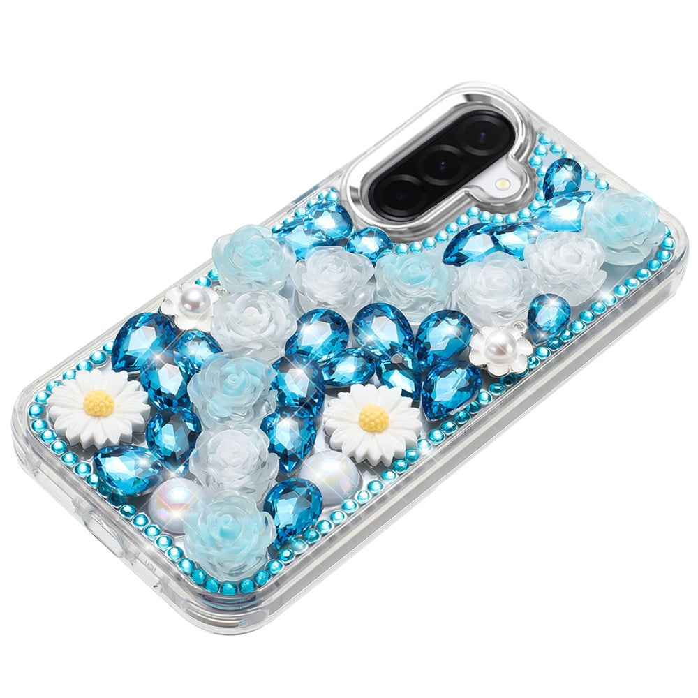 Phone Case for Samsung Galaxy A27 Full Bling Rhinestone Glitter Floral Luxury Hybrid Shockproof Stylish Sparkling Protective Designer Ornament Cover