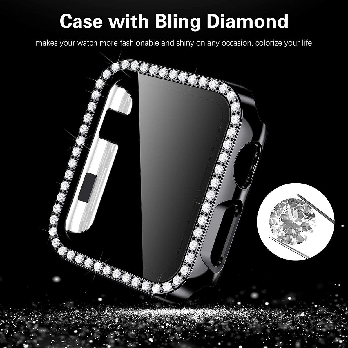 For Apple Watch Size 42mm Luxury Bling Cover Diamond Electroplate Rhinestone Bumper Protective Frame with Tempered Glass Screen Protector Case Cover