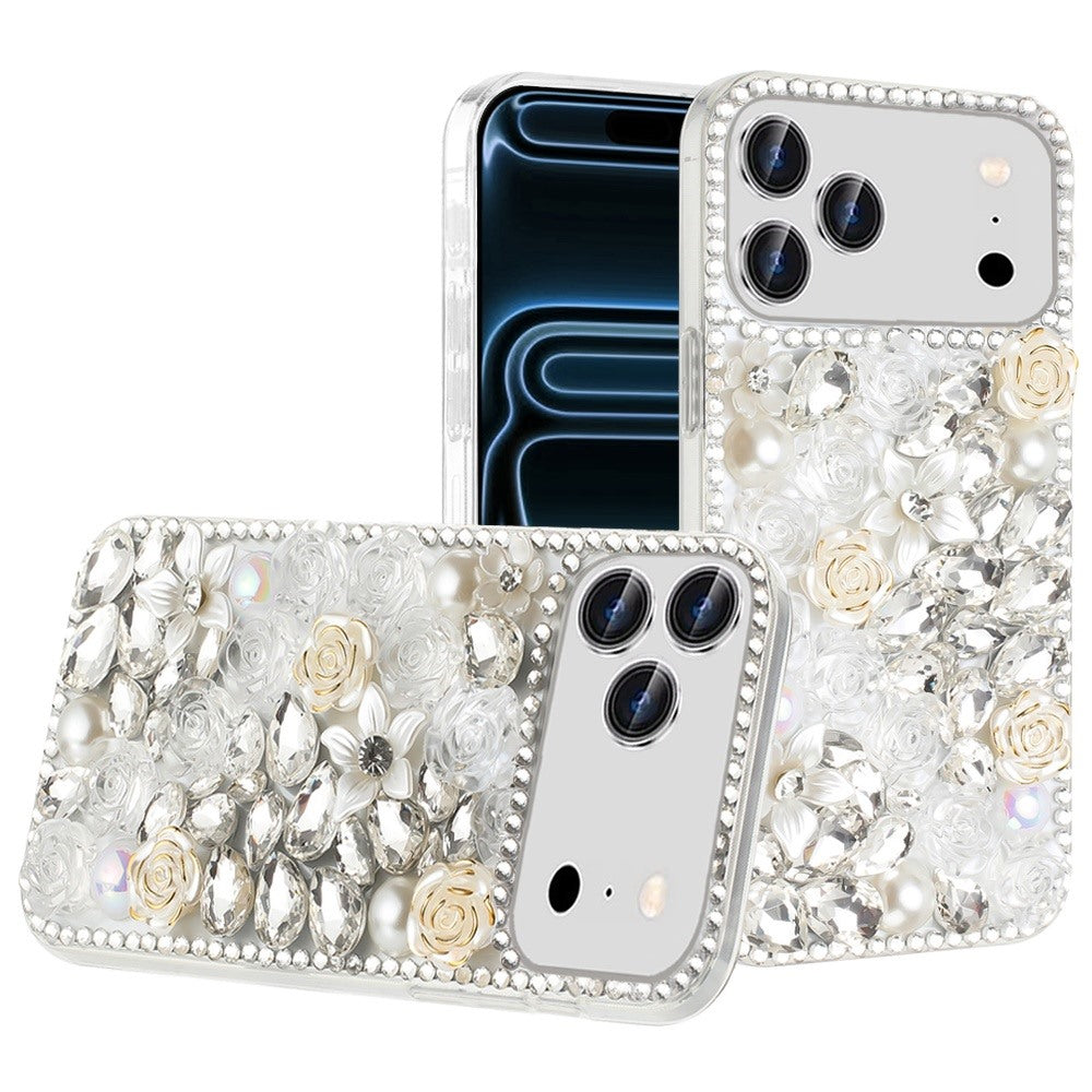 Phone Case for Apple iPhone 18 Pro Max/ 17 Pro Max Rose Flower Full Diamond Bling Rhinestone Glitter Luxury Stylish Sparkle Protective Designer Hybrid Cover