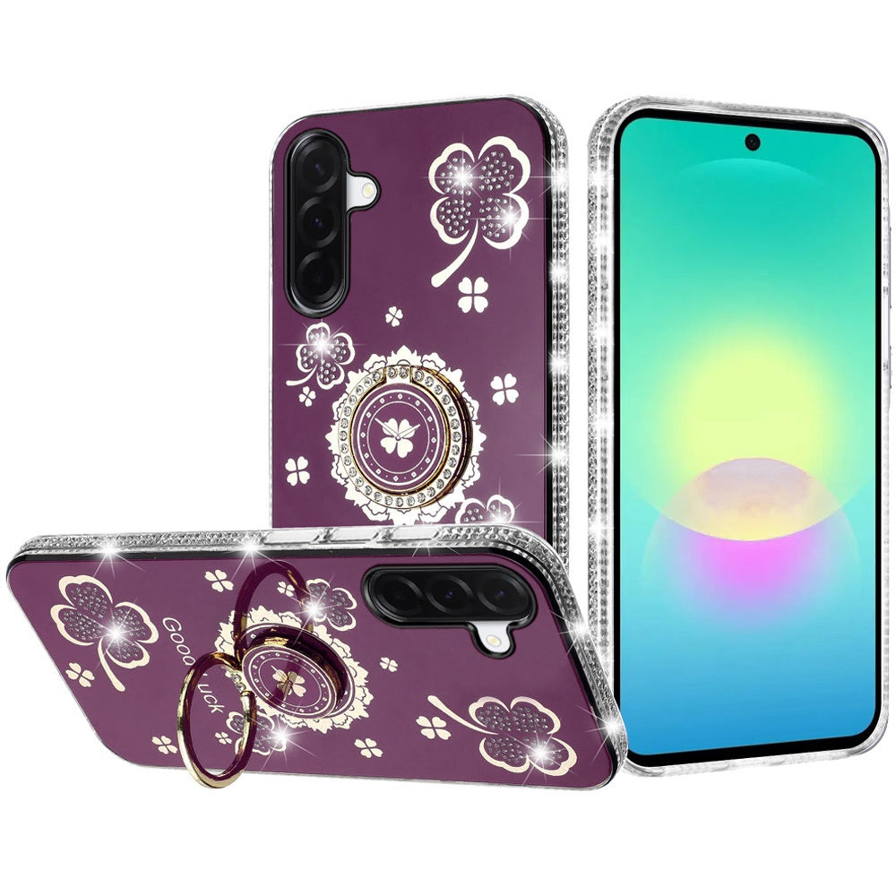 Phone Case for Samsung Galaxy A27 Glitter Diamond Ring Stand Sparkle Rhinestone Edge AntiSlip Kickstand Luxury Fashion Bumper Shockproof Cover Purple