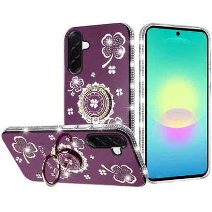Phone Case for Samsung Galaxy A27 Glitter Diamond Ring Stand Sparkle Rhinestone Edge AntiSlip Kickstand Luxury Fashion Bumper Shockproof Cover Purple