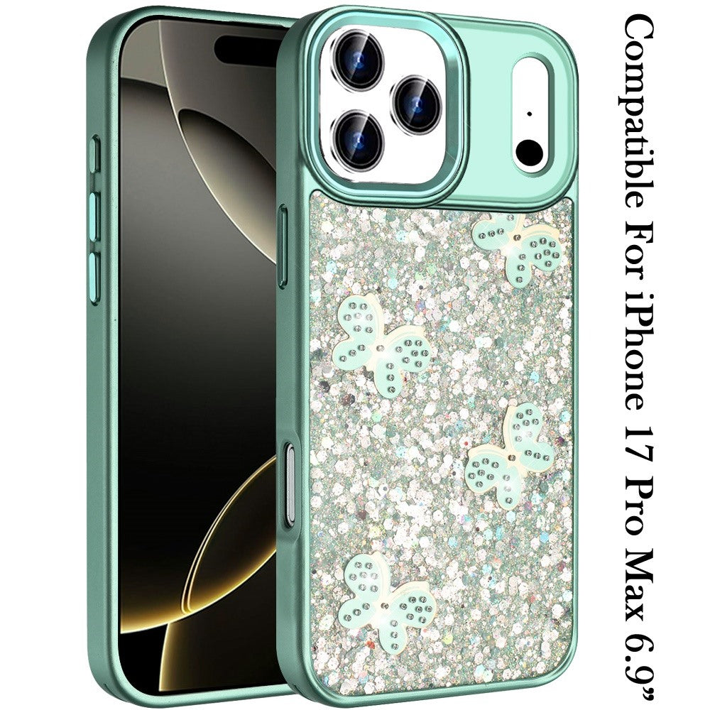 For Apple iPhone 17 Pro Max (6.9") Cute Butterfly Crystal Diamond Glitter Case Sparkle Bling Frame Metallic Edges, Shimmer TPU Hybrid Case Cover