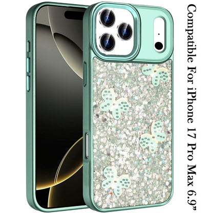 For Apple iPhone 17 Pro Max (6.9") Cute Butterfly Crystal Diamond Glitter Case Sparkle Bling Frame Metallic Edges, Shimmer TPU Hybrid Case Cover