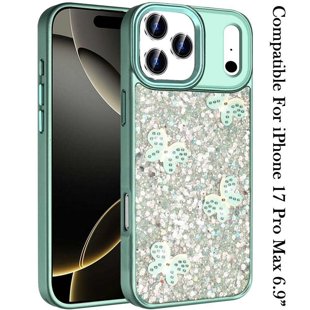 For Apple iPhone 17 Pro Max (6.9") Cute Butterfly Crystal Diamond Glitter Case Sparkle Bling Frame Metallic Edges, Shimmer TPU Hybrid Case Cover