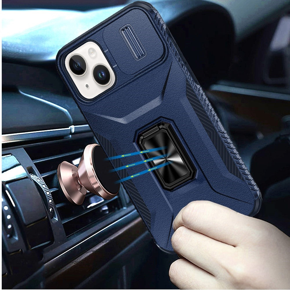 For Apple iPhone 15 Case, Camera Cover with Magnetic Rotation Ring Stand, Military Grade Hybrid Hard TPU Shockproof Case Cover Blue