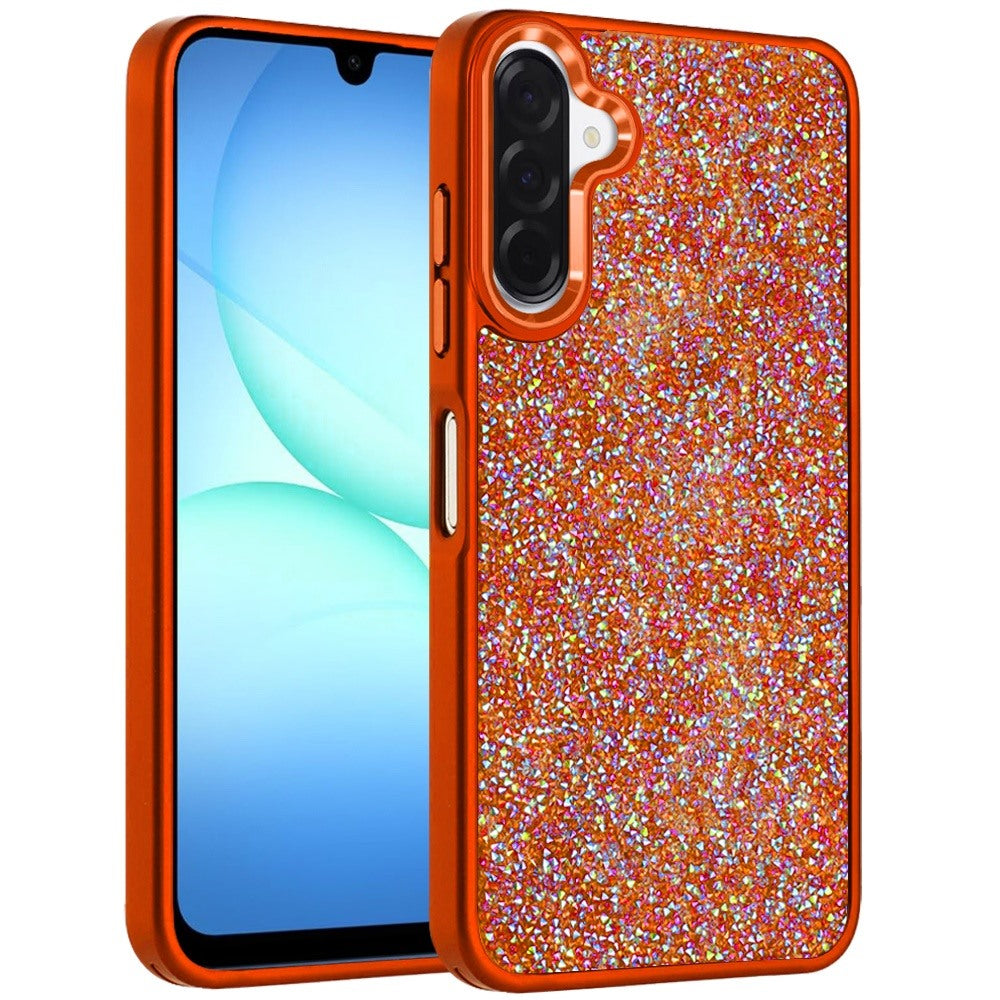 Phone Case for Samsung Galaxy A17 5G Crystal Glass Bling Diamond Metallic Edge Shockproof Durable Protective Clear Hybrid Stylish Premium Design Cover Cosmic Orange