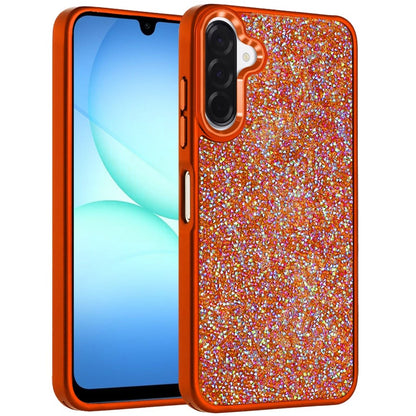 Phone Case for Samsung Galaxy A17 5G Crystal Glass Bling Diamond Metallic Edge Shockproof Durable Protective Clear Hybrid Stylish Premium Design Cover Cosmic Orange