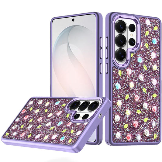 For Samsung Galaxy S26 Ultra Floral Design Embedded Glass Diamond Fancy Fashion Glitter Bling Sparkly Hybrid Rugged TPU Bumper Case Cover