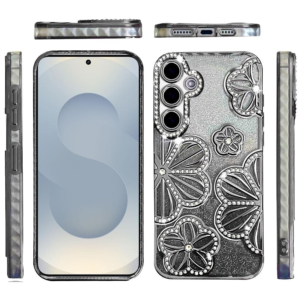 For Samsung Galaxy S26+ / S26 Plus Luxury Flower Design Sparkle Glitter Diamond Rhinestone Shimmer Bling Plating Thick TPU Hard PC Case Cover