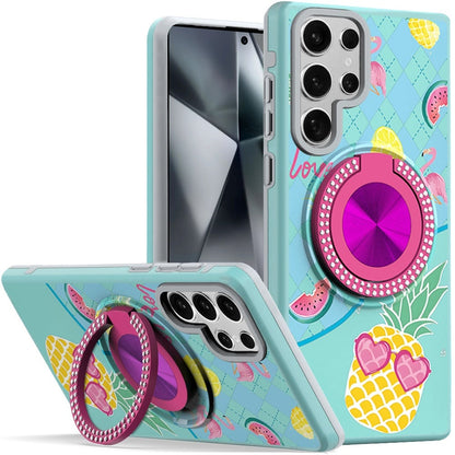 For Samsung Galaxy S24 Ultra Pattern Design Hybrid with Invisible Ring Stand & Magnetic Back, Shockproof Protective Grip Case Cover