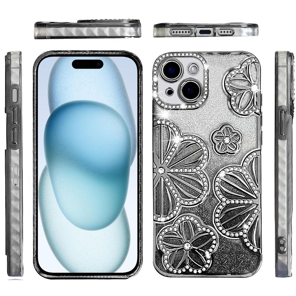 Phone Case for Apple iPhone 15 Plus Shimmer Glitter Floral Thick TPU Shockproof Durable Grip Camera Protection Anti-Scratch Stylish Design Cover