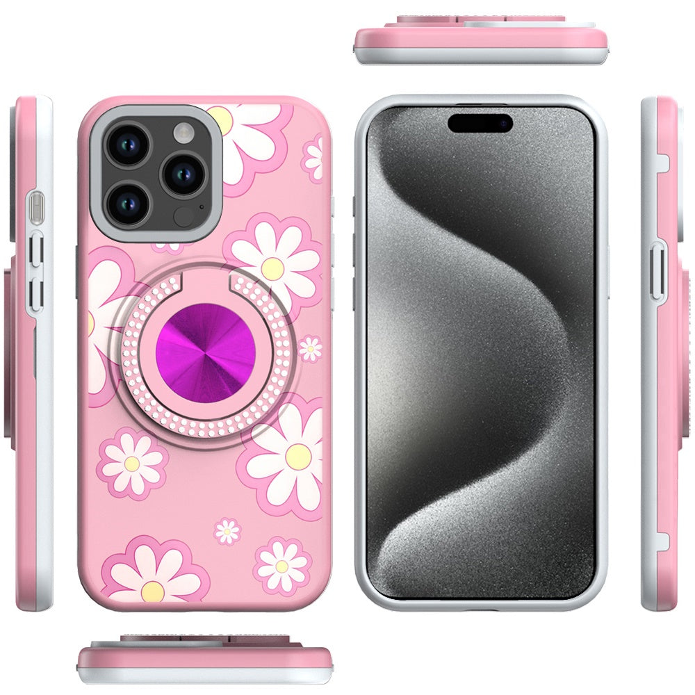 For Apple iPhone 15 Pro Max Pattern Design Hybrid with Invisible Ring Stand & Magnetic Back, Shockproof Protective Grip Case Cover