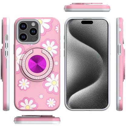 For Apple iPhone 15 Pro Max Pattern Design Hybrid with Invisible Ring Stand & Magnetic Back, Shockproof Protective Grip Case Cover
