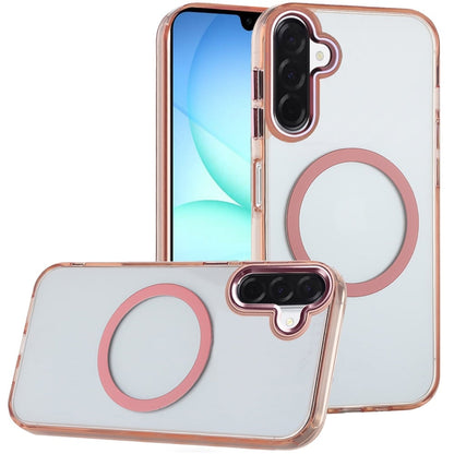For Samsung Galaxy A17 5G Transparent Back Hybrid Case - Magnetic Circle, Color Frame, Metal Buttons, MagSafe Compatible Case Cover Rose Gold