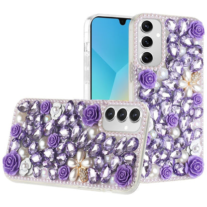 For Apple iPhone 17E /16E Fashion Rose Flower Floral, 3D Bling Crystal Full Diamonds Pearl Sparkle Rhinestone Glitter Hybrid Case Cover Purple