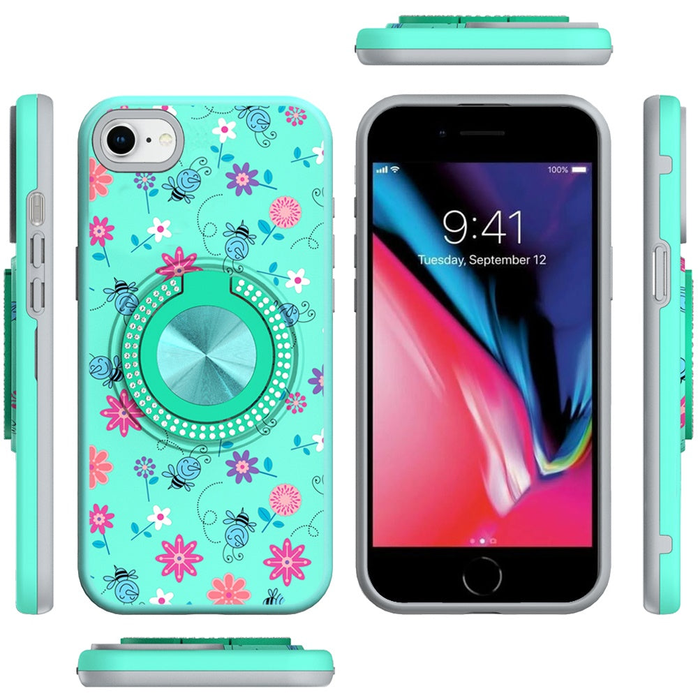 For Apple iPhone SE 3 (2022) SE/8/7 Pattern Design Hybrid with Invisible Ring Stand & Magnetic Back, Shockproof Protective Grip Case Cover