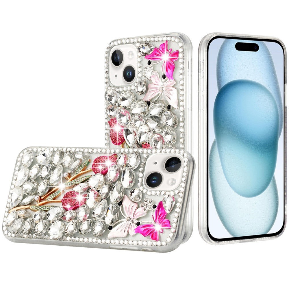 Phone Case for Apple iPhone 15 Plus Luxury Full Diamond Glitter 3D Floral Ornament Hybrid Shockproof Stylish Rhinestone Designer Protective Elegant Cover