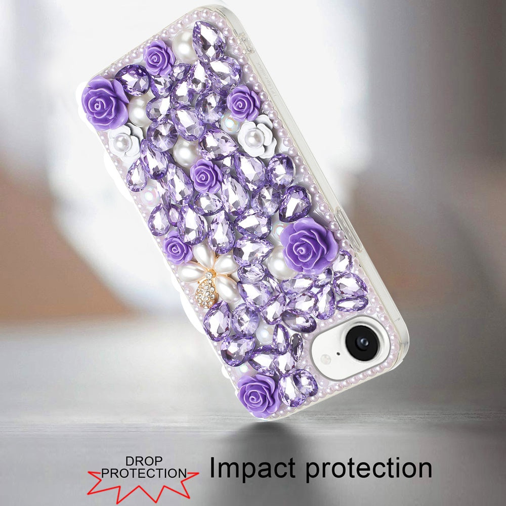 For Apple iPhone 17E /16E Fashion Rose Flower Floral, 3D Bling Crystal Full Diamonds Pearl Sparkle Rhinestone Glitter Hybrid Case Cover Purple