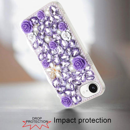 For Apple iPhone 17E /16E Fashion Rose Flower Floral, 3D Bling Crystal Full Diamonds Pearl Sparkle Rhinestone Glitter Hybrid Case Cover Purple