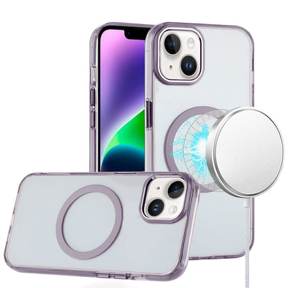 For iPhone 14/13 (6.1") Transparent Back Hybrid Case - Magnetic Circle, Color Frame, Metal Buttons, MagSafe Compatible Case Cover