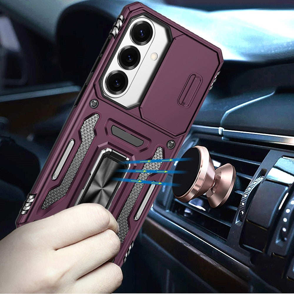 Phone Case for Samsung Galaxy S26 FE /Fan Edition Tough Metal Ring Shockproof Sliding Camera Window Hybrid Armor Rugged Anti Slip Heavy Duty Grip Cover Purple