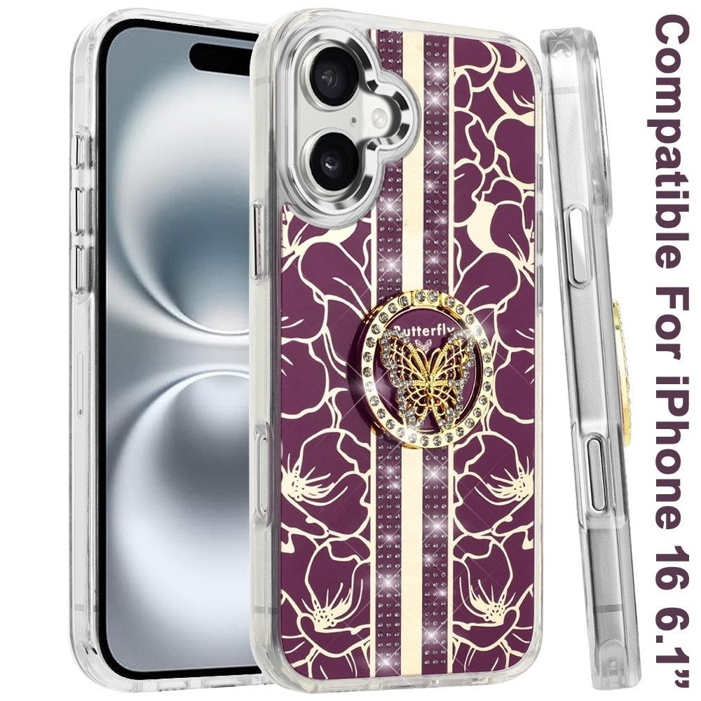 Floral Butterfly Ring Stand Glitter Bling Shockproof Hybrid Luxury Fashion Protective Anti Slip Durable Grip