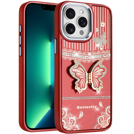 Phone Case for Apple iPhone 13 Pro Max Glitter Bling Butterfly Stand Metallic Edge Hybrid Shockproof Grip Durable Camera Protection Stylish Design Cover Red