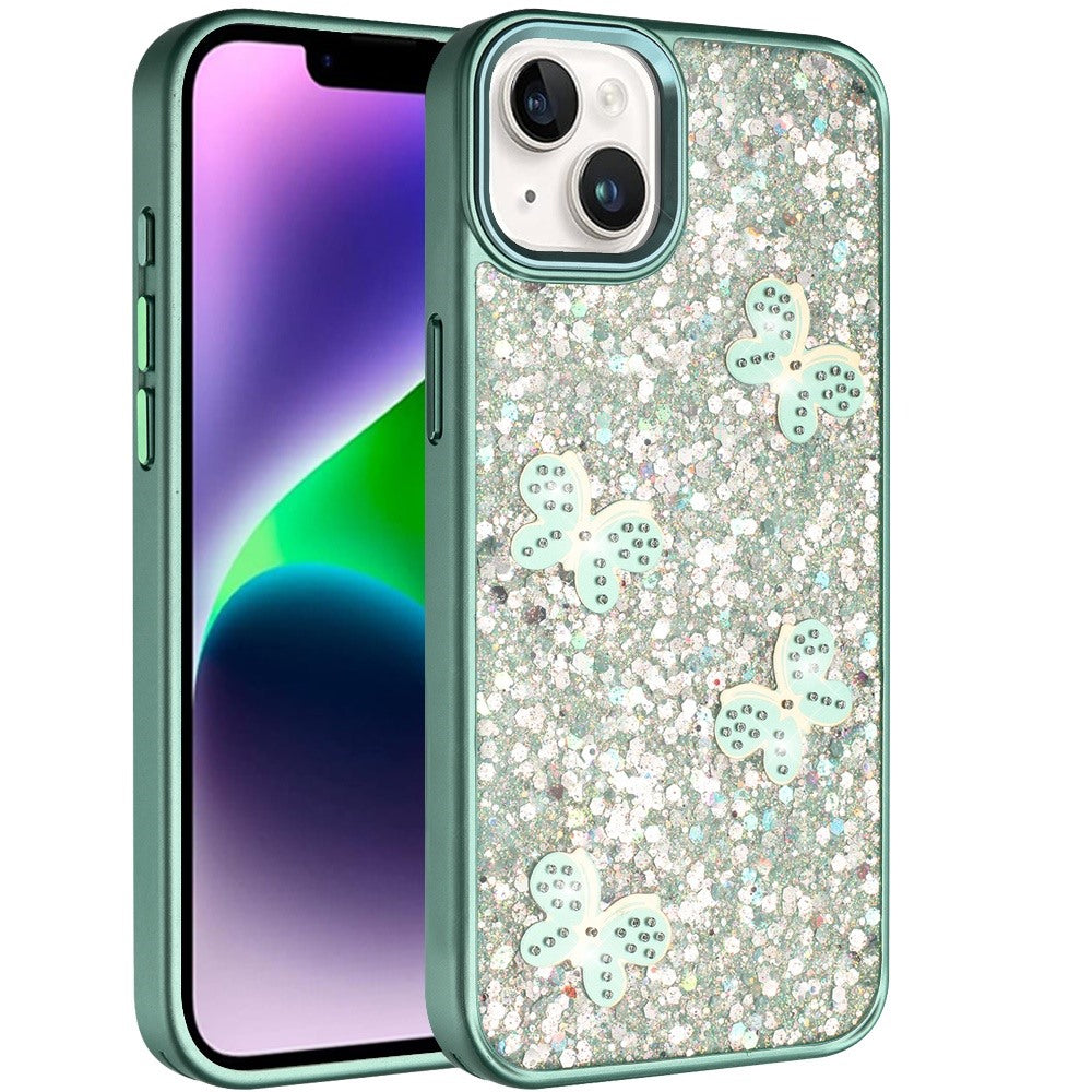 Phone Case for Apple iPhone 14/13 Cute Butterfly Diamond Glitter Metallic Hybrid Shockproof Shimmer Grip Stylish Protective Luxury Designer Cover