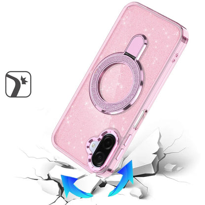 Phone Case for Samsung Galaxy A08 4G, A07 5G, A07 4G Transparent Glitter Bling Magnetic Ring Stand Shockproof Anti Slip Rotating Grip Protective Hybrid Durable Armor Cover